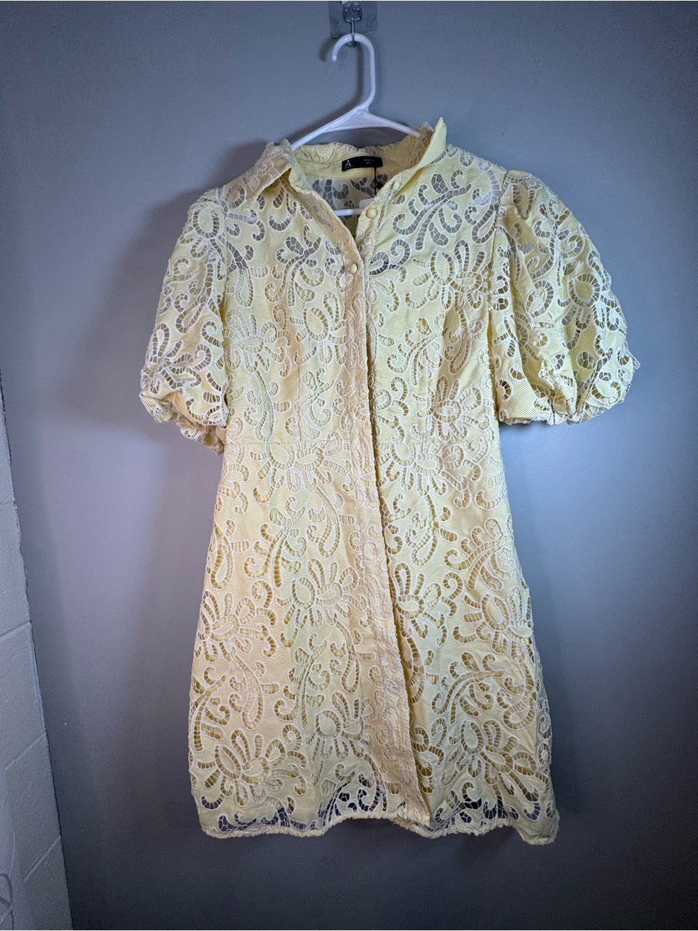 ANEWSTA Yellow Lace Puff-Sleeve Shirt Dress Womens Medium